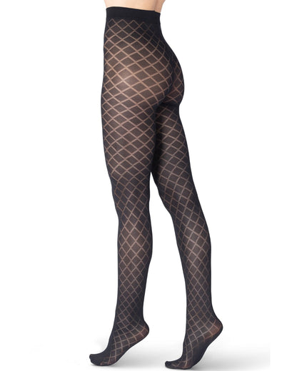 Emilio Cavallini Jacquard Diamonds Tights - Soft matte black opaque patterned tights with a sheer linear diamond pattern, flat seams and gusset. 