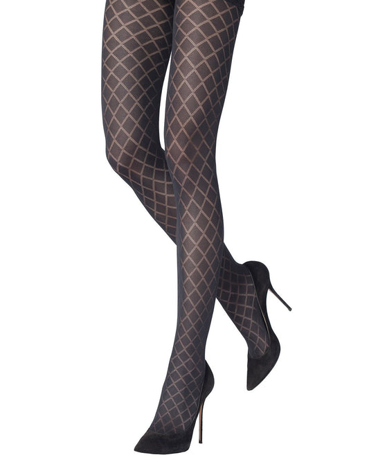 Emilio Cavallini Jacquard Diamonds Tights - Soft matte black opaque patterned tights with a sheer linear diamond pattern, flat seams and gusset. 