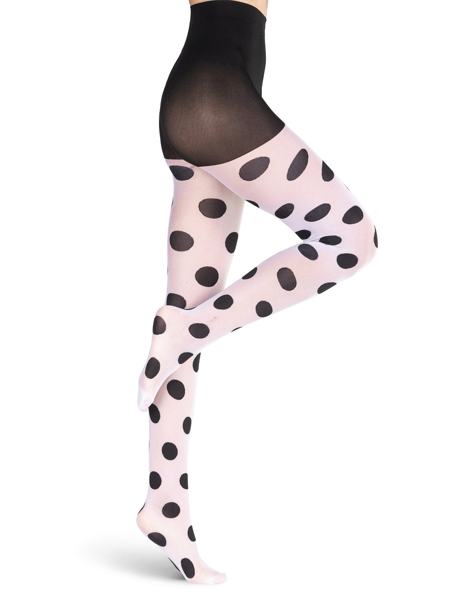 Emilio Cavallini Large Dot Tights - White opaque tights with all over large polka dot pattern and black boxer top brief. Side view.