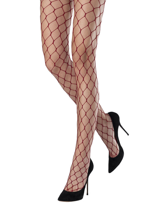 Emilio Cavallini Large Fishnet Tights - Extra wide dark red fence fishnet tights with micro mesh toe, worn with black high heels.