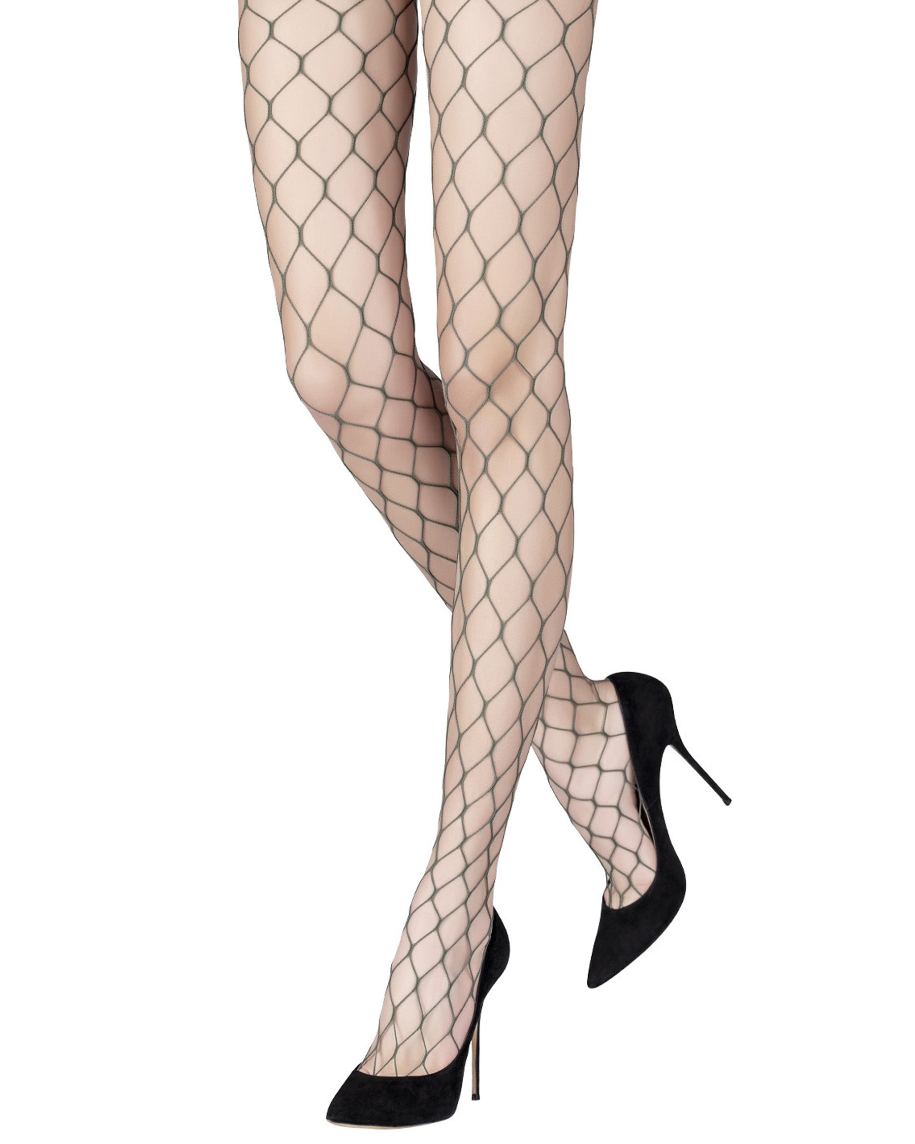 Emilio Cavallini Large Fishnet Tights - Extra wide khaki green fence fishnet tights with micro mesh toe, worn with black high heels.