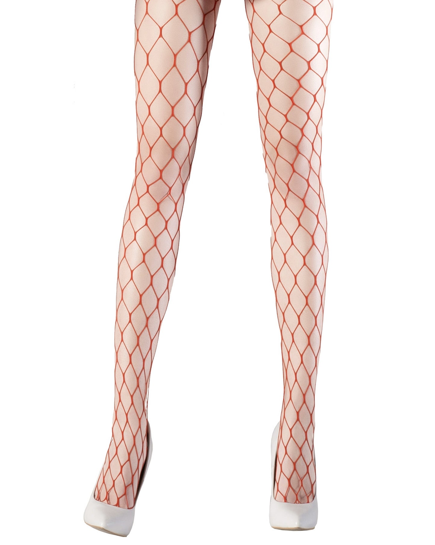 Emilio Cavallini Large Fishnet Tights - Extra wide orange fence fishnet tights with micro mesh toe, worn with white high heels.