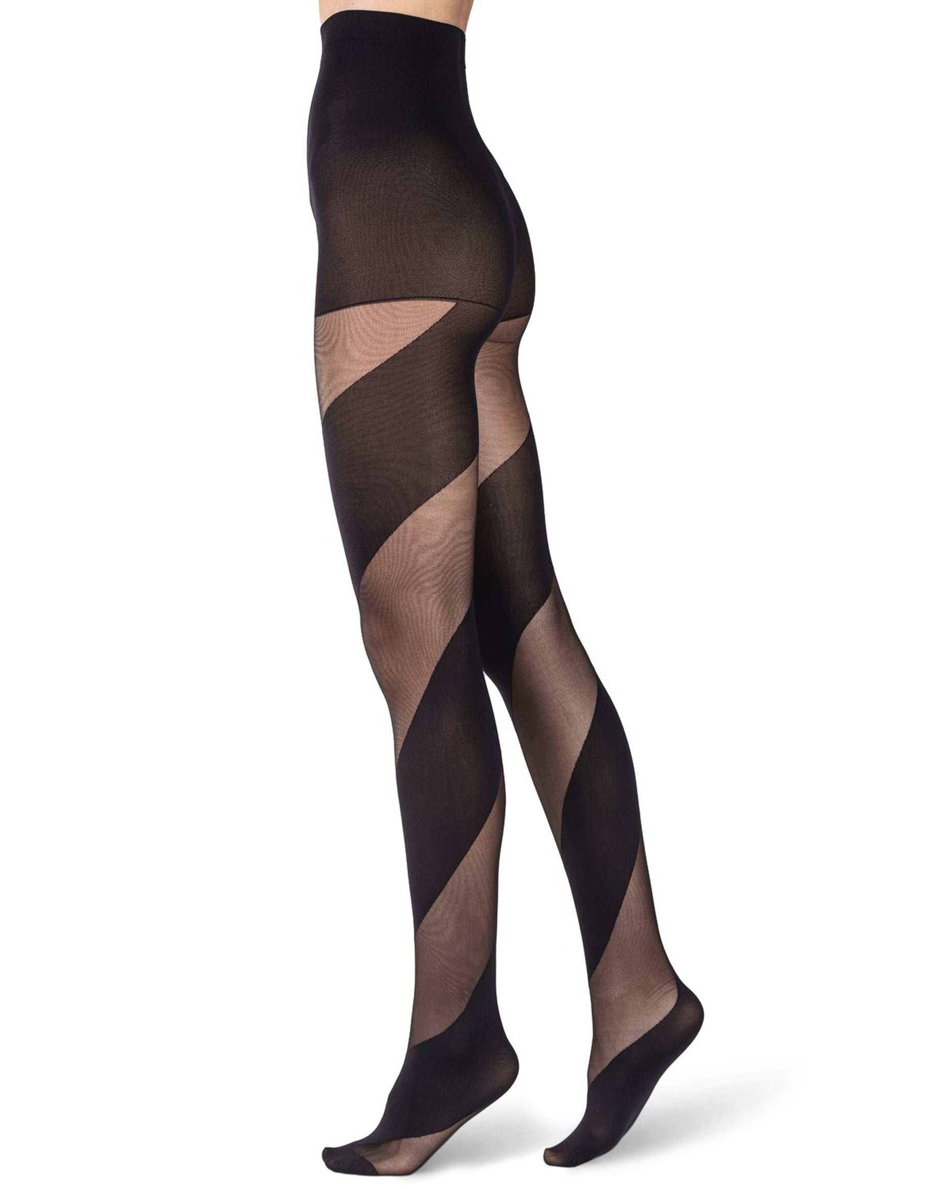 Emilio Cavallini Large Spiral Tights - Sheer and opaque black diagonal stripe that swirl around the leg pattern with opaque boxer top brief, side view.