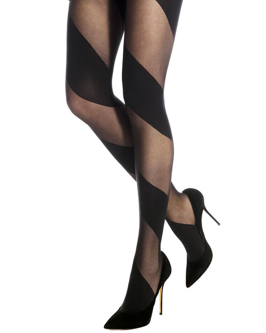 Emilio Cavallini Large Spiral Tights - Sheer and opaque black diagonal stripe that swirl around the leg pattern with high heels.