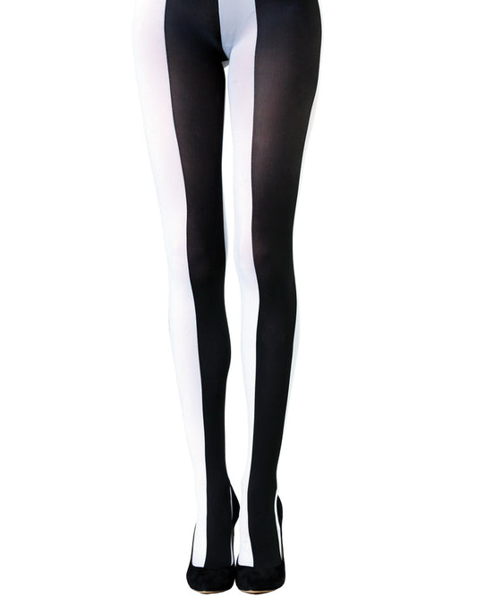 Emilio Cavallini Two Toned Large Vertical Stripes Tights - black and white striped pattern tights, front view.