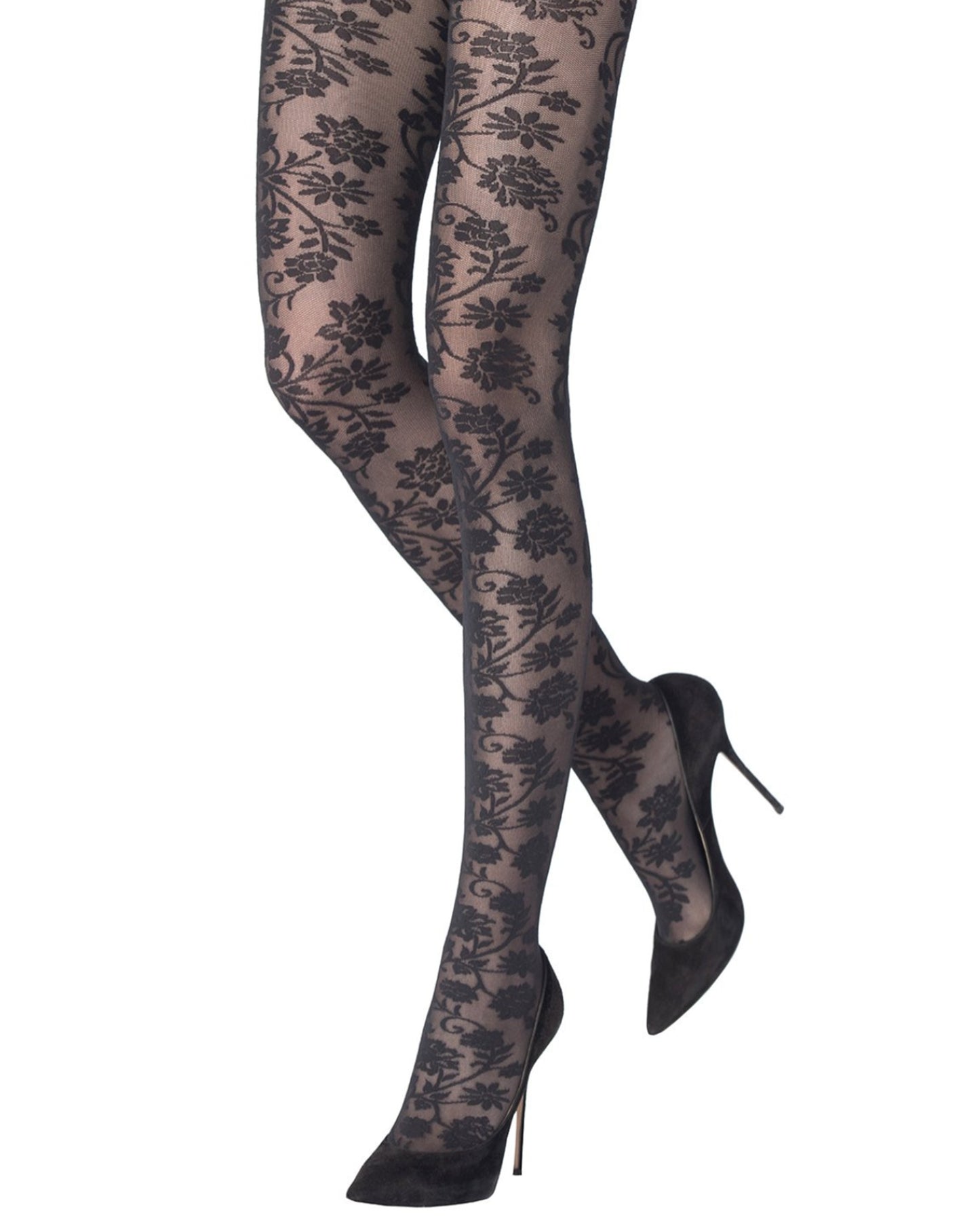 Emilio Cavallini Magnolia Lace Tights - Black semi-sheer micro mesh fashion tights with an all over floral lace style pattern, worn with black stilettos