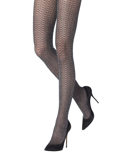 Emilio Cavallini Metallized Beehive Tights - Sheer black micro mesh tights with a circular lace style pattern with sparkly silver lamé, boxer brief, flat seams, gusset and reinforced toe. 