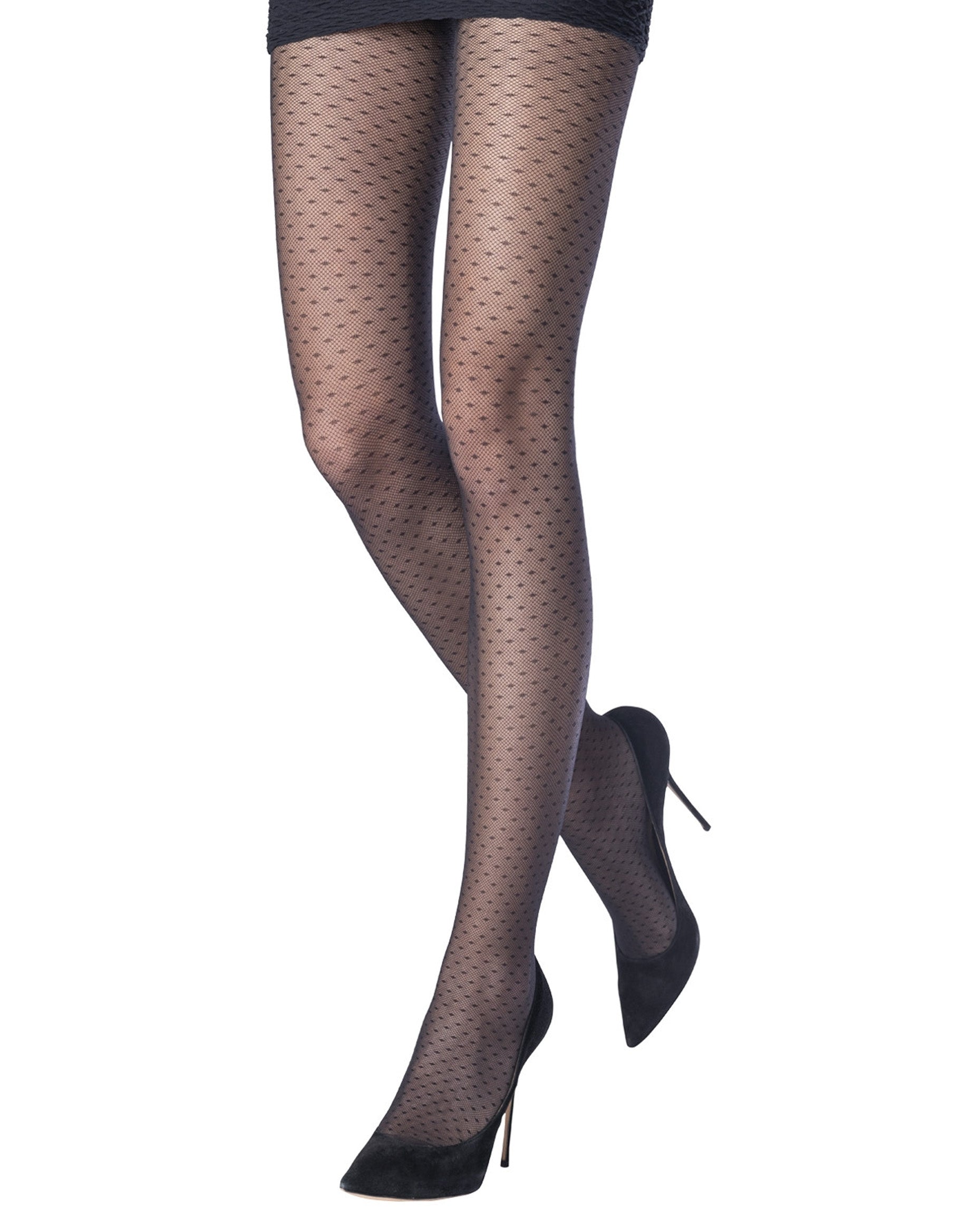 Emilio Cavallini Point Tights - Black micro mesh fashion tights with an all over spot pattern, worn with black mini skirt and stilettos.