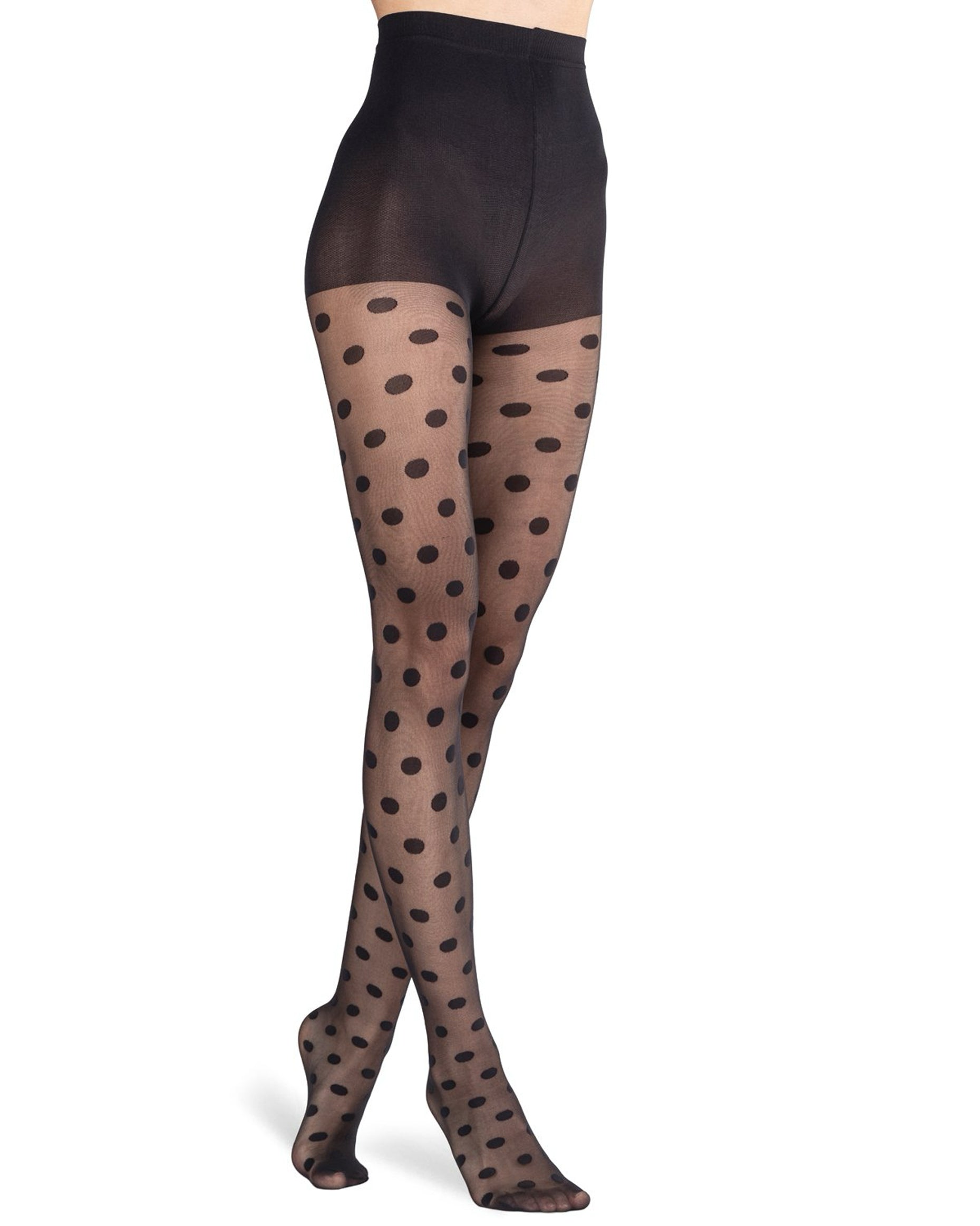 Emilio Cavallini Polka Dots Tights - Sheer black tights with spot pattern and opaque reinforced boxer top brief.