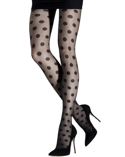 Emilio Cavallini Polka Dots Tights - Sheer black tights with spot pattern, worn with black mini skirt and high heels