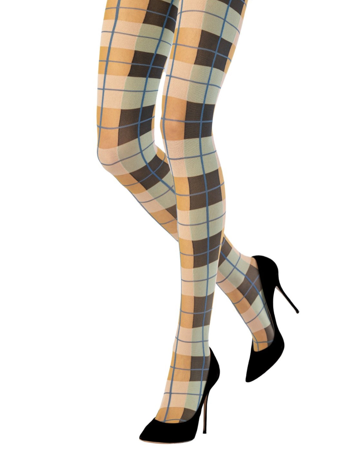 Emilio Cavallini Playful Tartan Tights - Semi-opaque fashion tights with an all colourful plaid style pattern in mustard, mint green, black, cream and blue.