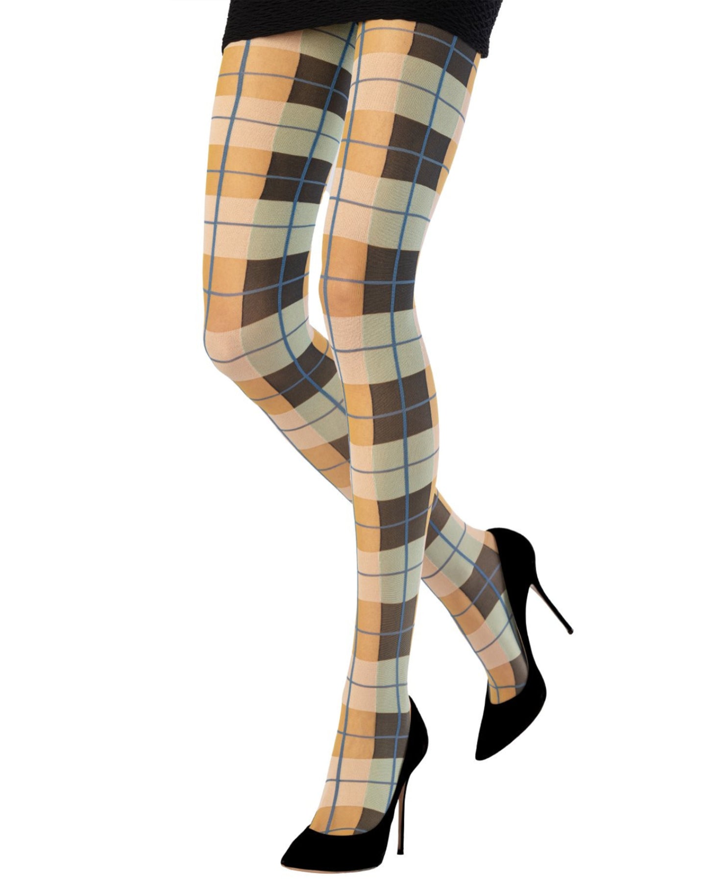 Emilio Cavallini Playful Tartan Tights - Semi-opaque fashion tights with an all colourful plaid style pattern in mustard, mint green, black, cream and blue.