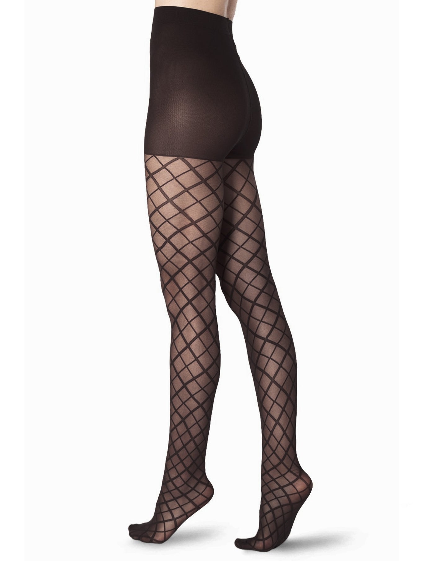 Sheer black fashion tights with a simple argyle pattern, boxer top, flat seams, gusset and reinforced toe.