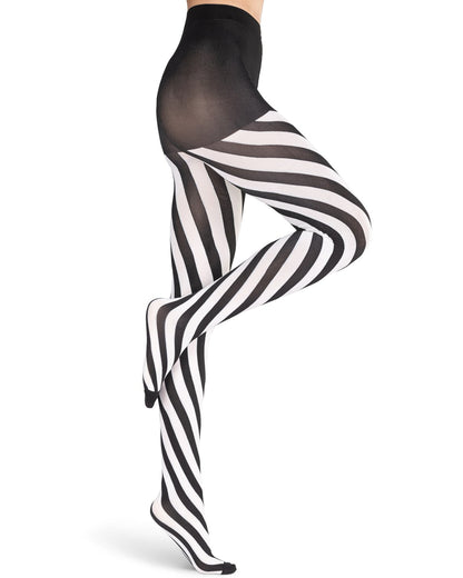 Emilio Cavallini Two Toned Spiral Tights - black and white diagonal striped tights with black boxer top brief and toe.