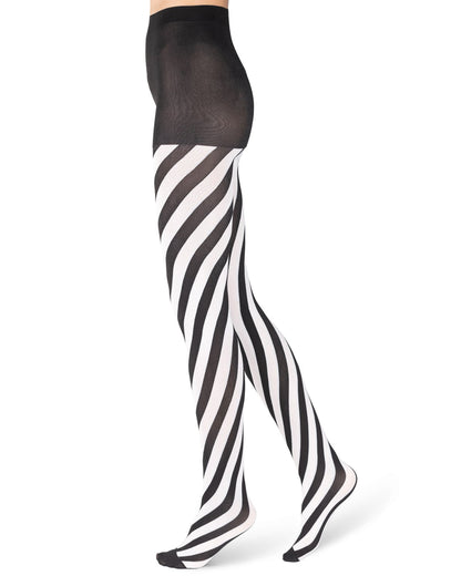 Emilio Cavallini Two Toned Spiral Tights - black and white diagonal striped tights with black boxer top brief and toe. Side view.