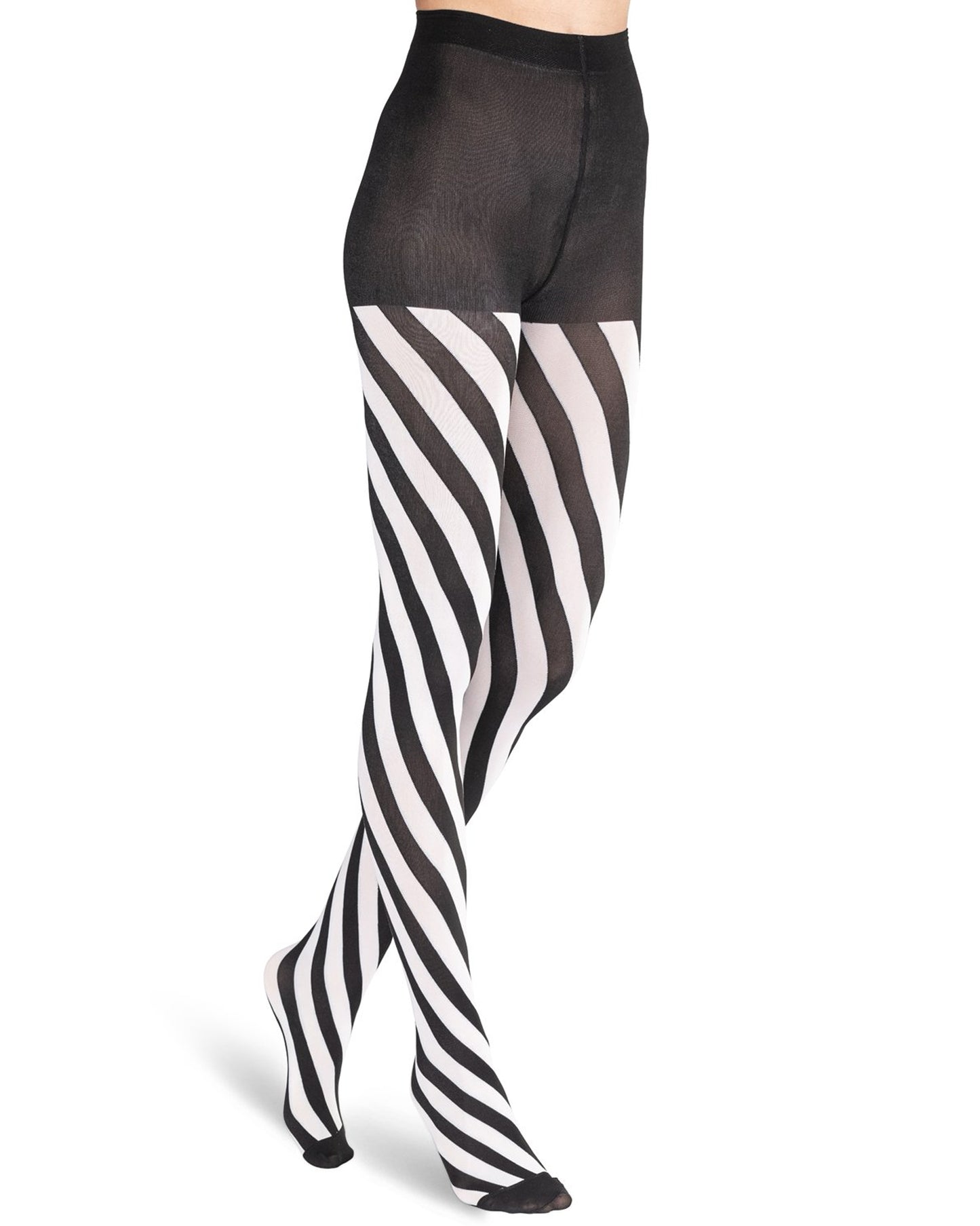 Emilio Cavallini Two Toned Spiral Tights - black and white diagonal striped tights with black boxer top brief and toe.