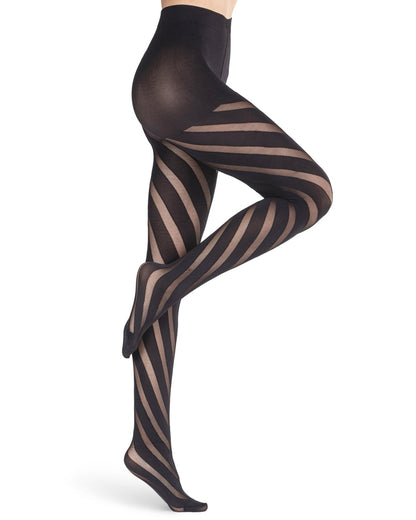 Emilio Cavallini Whirlwind Tights - black diagonal spiral stripe tights with opaque boxer top and reinforced to, side view.