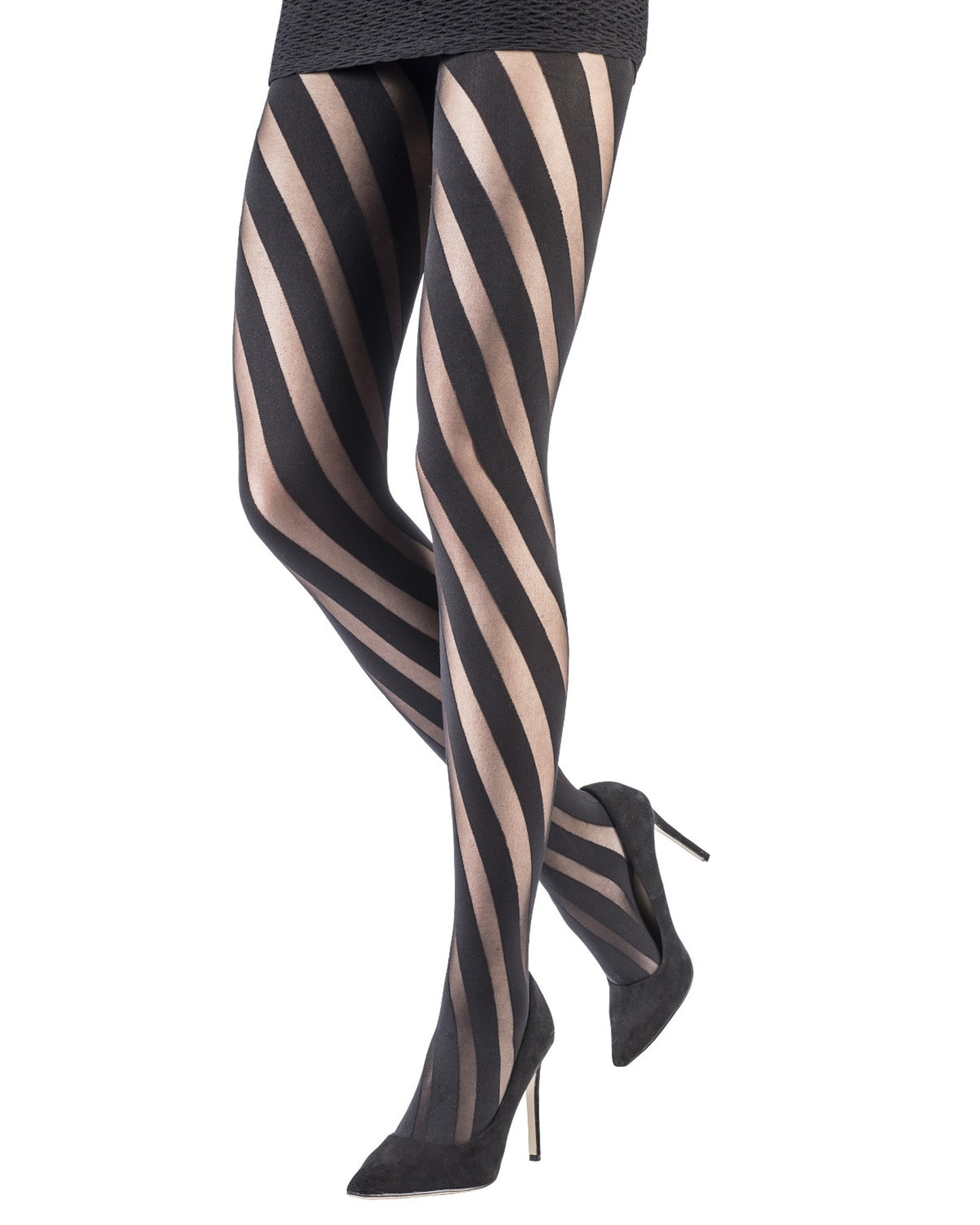 Emilio Cavallini Whirlwind Tights - black diagonal spiral stripe tights, worn with black mini skirt and high heels.