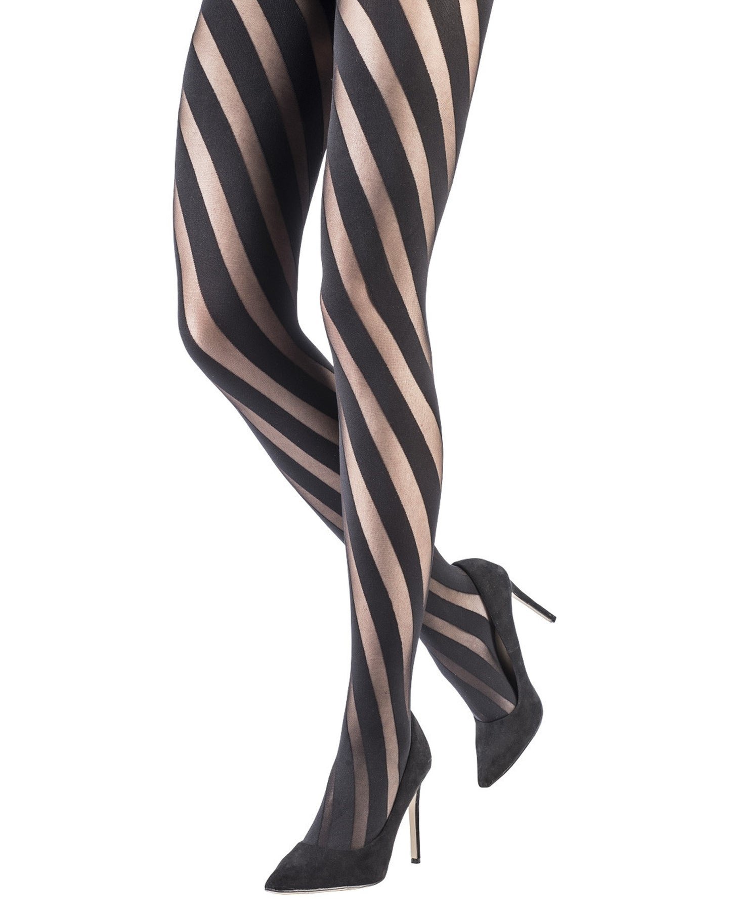 Emilio Cavallini Whirlwind Tights - black diagonal spiral stripe tights, worn with black stiletto shoes.