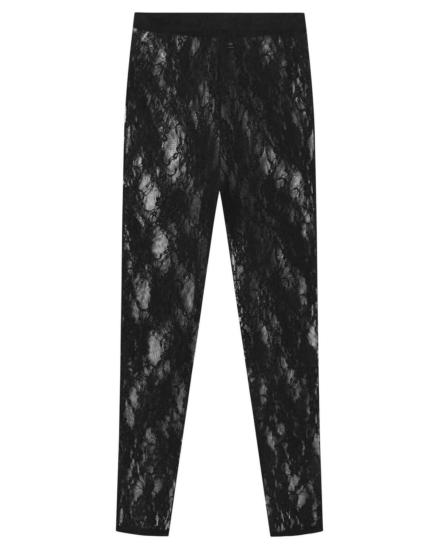 Fiore Marella Legging - Black leggings made of floral elastic lace fabric. Back view.