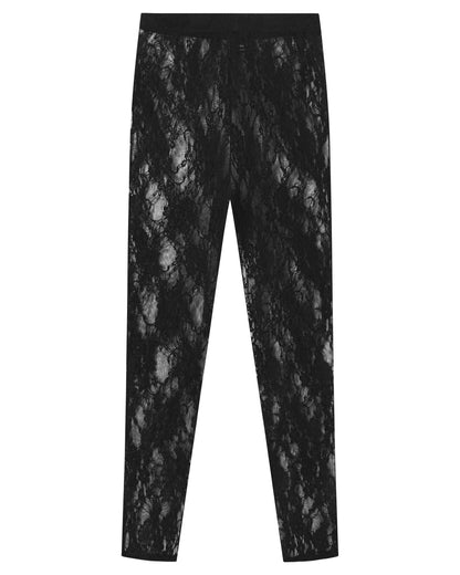 Fiore Marella Legging - Black leggings made of floral elastic lace fabric. Back view.