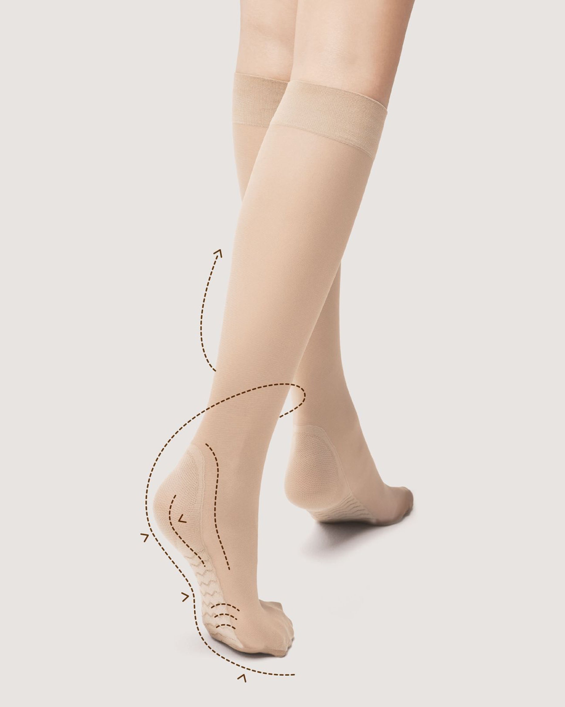 Fiore Massage Knee-High Sock - Sheer knee length with a prophylactic foot-massage effect on the sole and a non-pressure comfort cuff. Made with Silver Fresh Technology which helps keep skin fresh and dry.