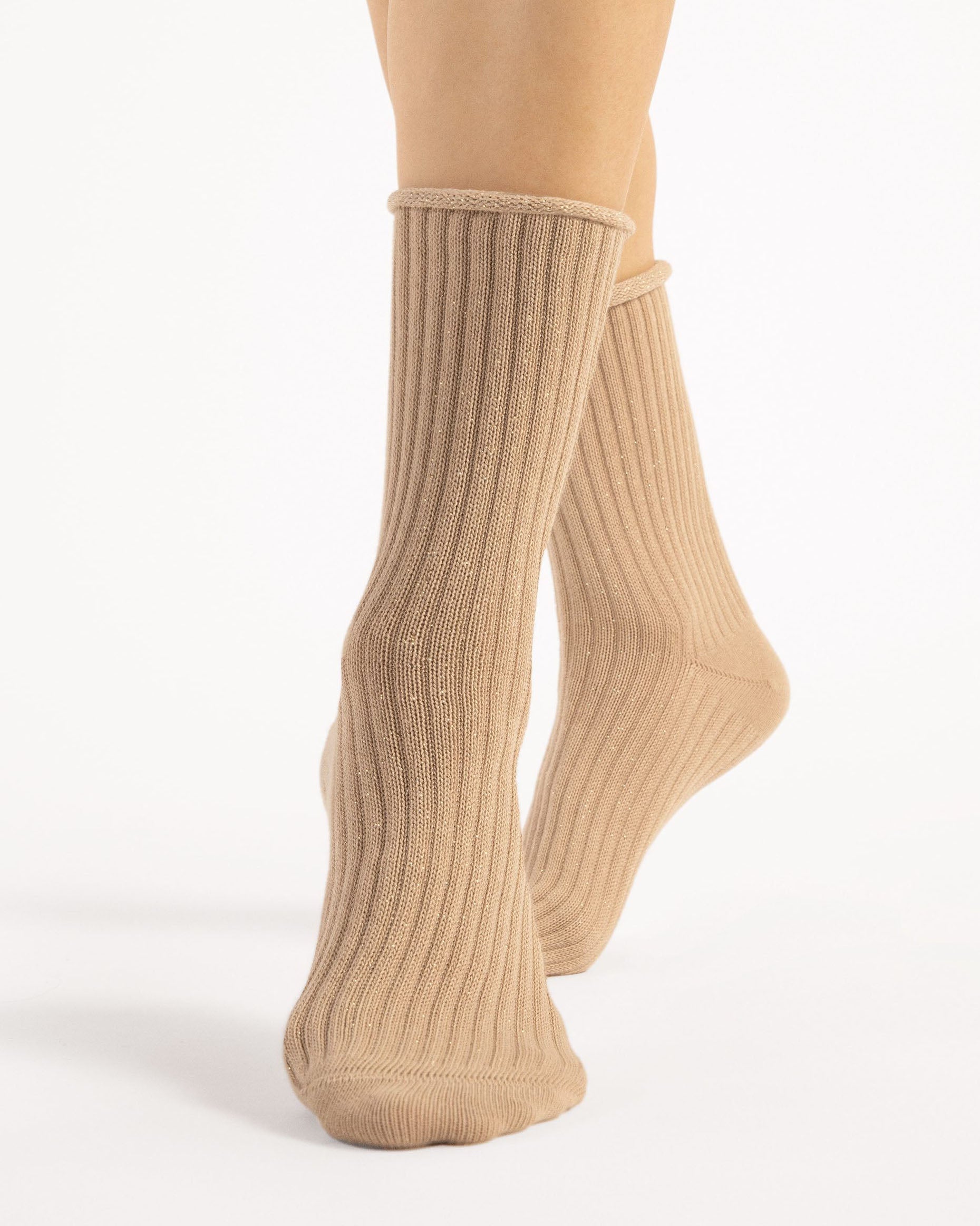 Fiore Trinny Socks - Chunky deep ribbed beige socks with sparkly gold lurex throughout and no cuff, roll top edge.