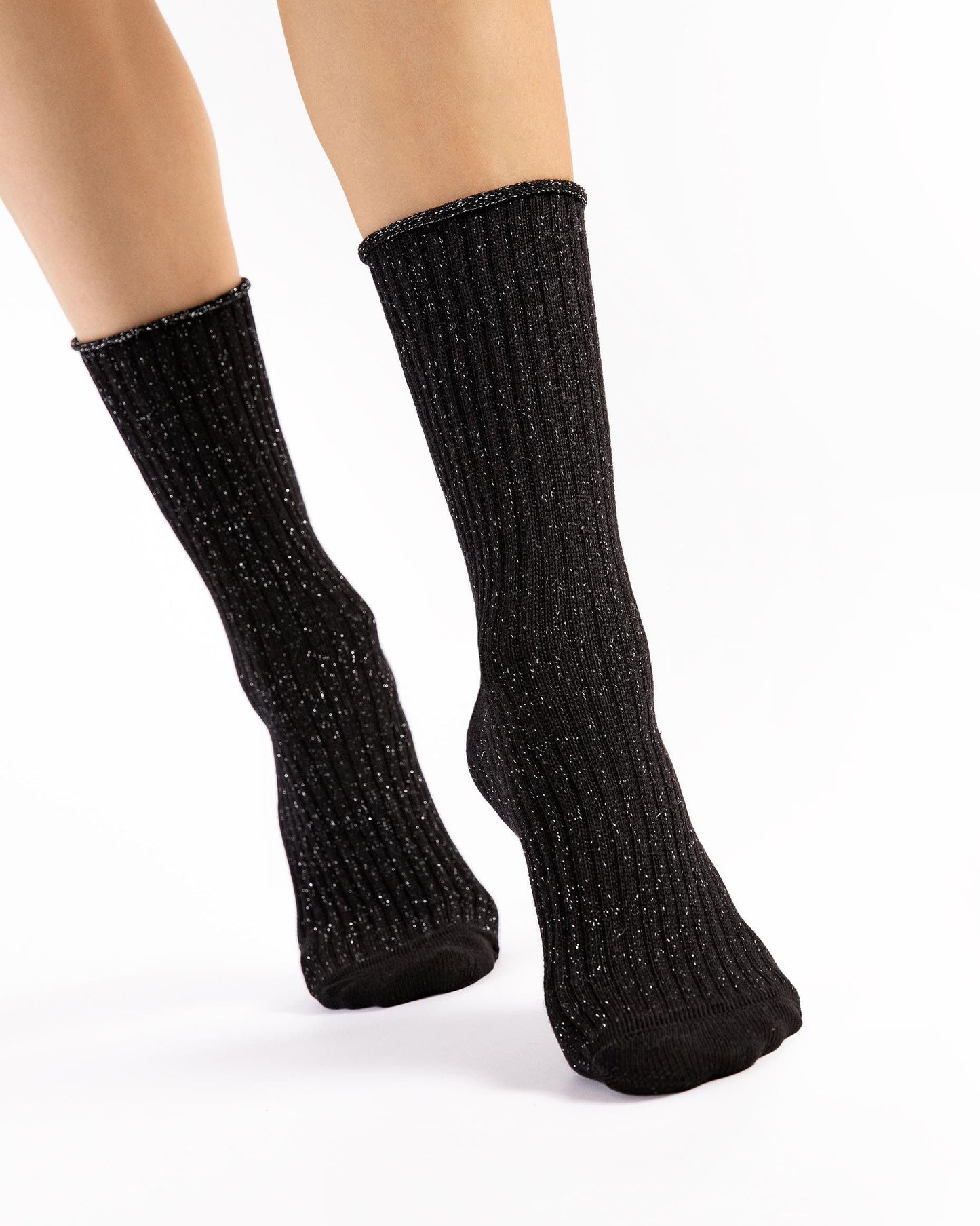 Fiore Trinny Socks - Chunky deep ribbed black socks with sparkly silver lurex throughout and no cuff, roll top edge.