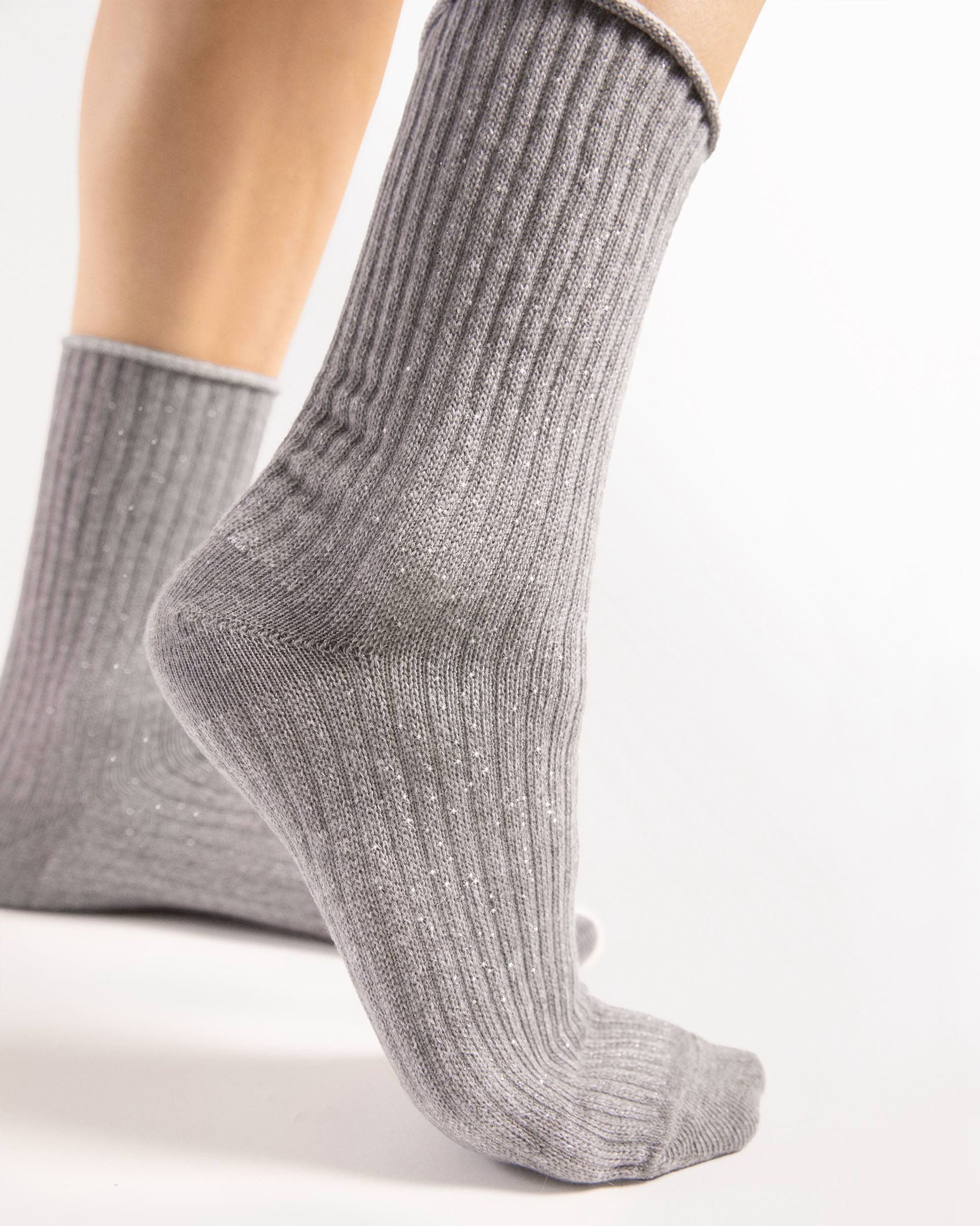 Fiore Trinny Socks - Chunky deep ribbed light grey socks with sparkly silver lurex throughout and no cuff, roll top edge.