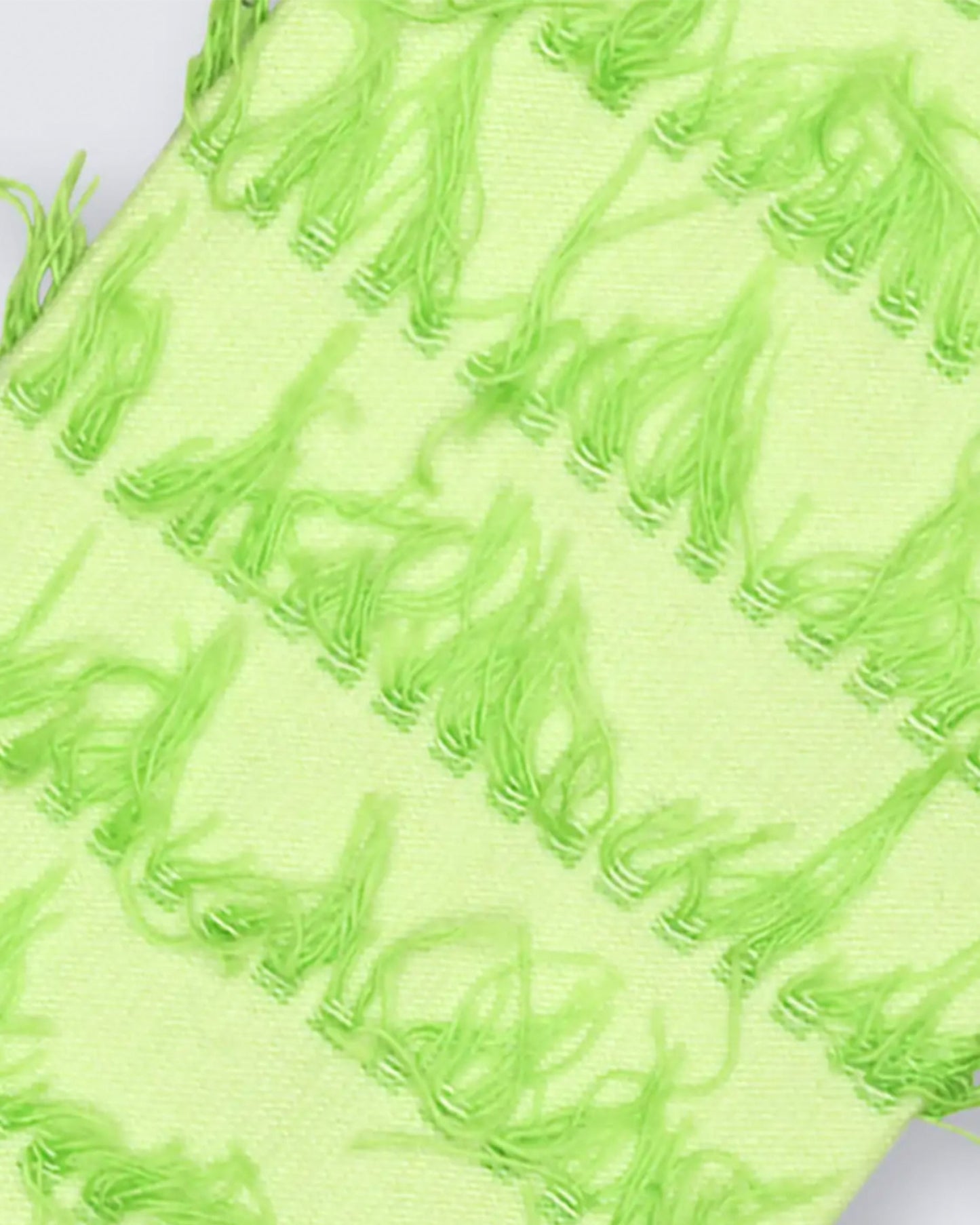 Happy Socks Fringe Sock - Lime green cotton crew length ankle socks with a horizontal fringed pattern in a darker shade, deep cuff, shaped heel and flat toe seam. Close up detail.