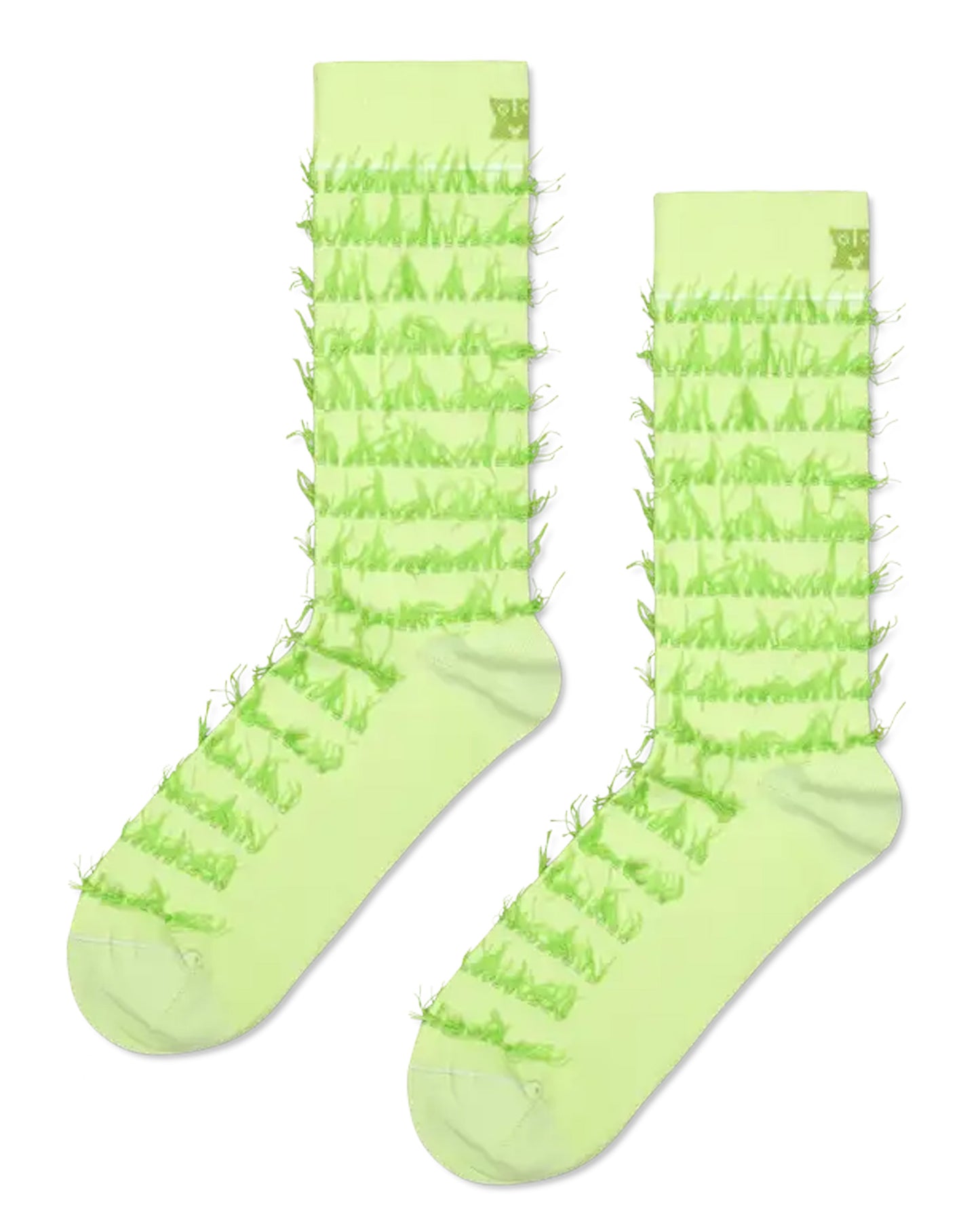 Happy Socks Fringe Sock - Lime green cotton crew length ankle socks with a horizontal fringed pattern in a darker shade, deep cuff, shaped heel and flat toe seam.