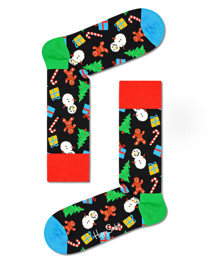 Happy Socks XDBS02-6500 Big Dot Snowman Gift Box - Xmas sock a pattern of ginger bread men, candy canes, snowmen, presents, Xmas trees on a black background with light blue toe, green heel and red cuff.