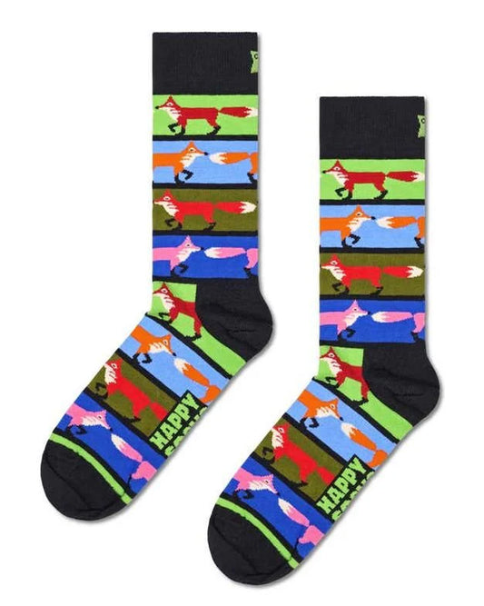 Happy Socks Fox Stripe Sock - Multicoloured stripes and foxes patterned cotton crew length socks with deep black cuff, shaped heel and flat toe seam.