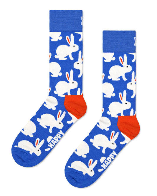 Happy Socks Bunny Socks - Blue cotton crew length ankle socks with an all over white bunny rabbit pattern and orange heel.