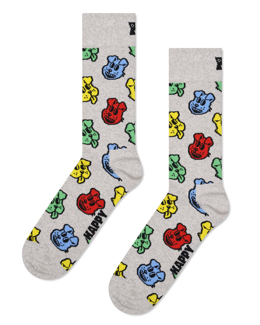 Happy Socks Dog Socks - Cotton mix crew length ankle socks made of recycled cotton with a multicoloured cartoon dog face pattern in red, blue, yellow and green.