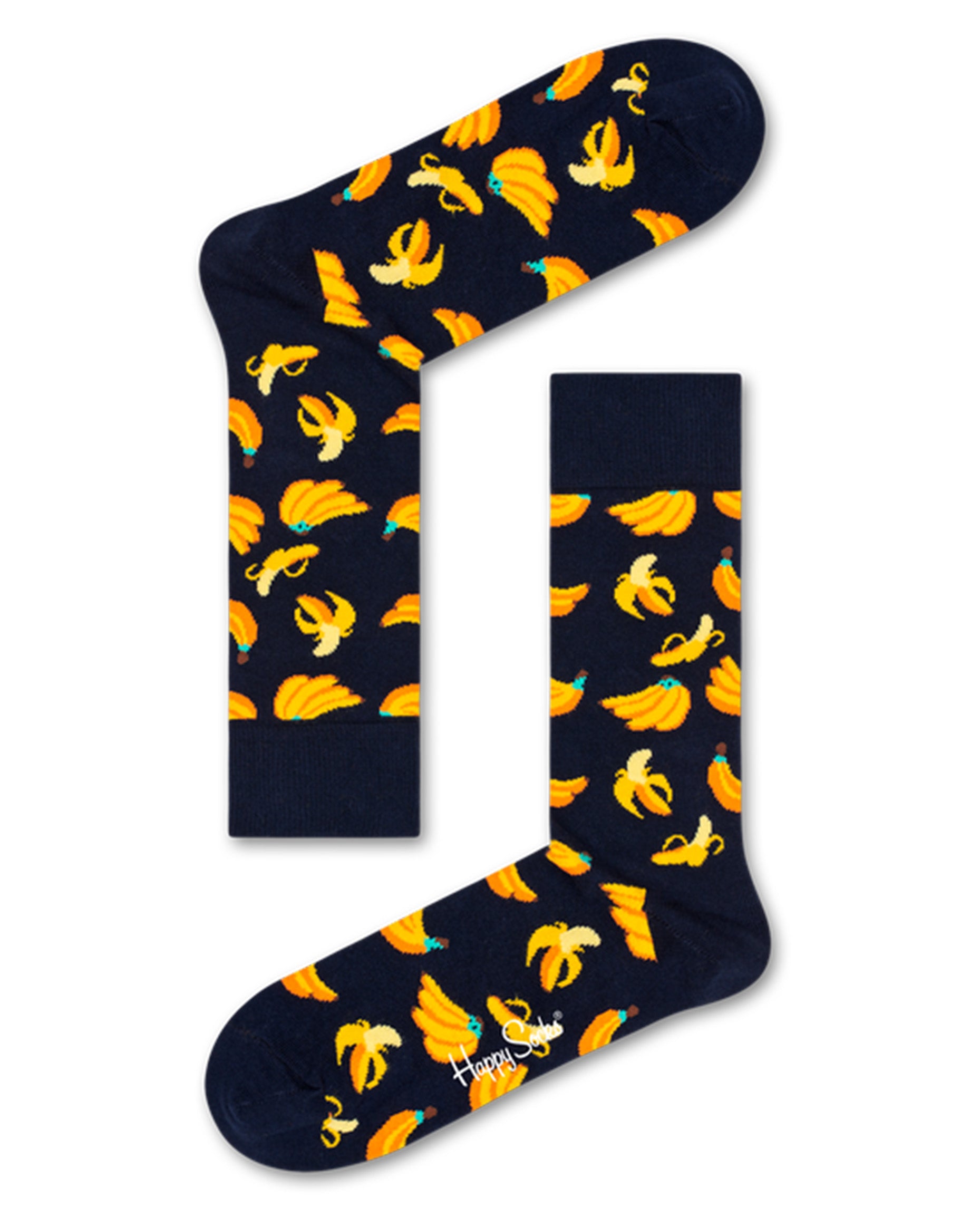 Happy Socks BAN01-6550 Banana Sock - Navy cotton mix ankle socks with banana pattern in shades of yellow and turquoise.