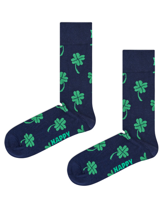 Happy Sock Big Luck Sock - Men's navy cotton crew length ankle socks with green four leaf clover pattern, perfect for St. Patrick's Day.