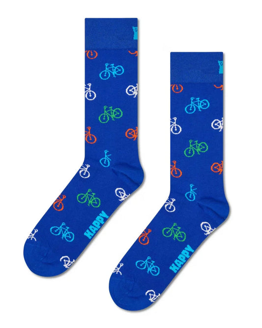 Happy Socks Bike Sock - Dark blue cotton crew length ankle socks with an all over multicoloured pattern of bicycles.