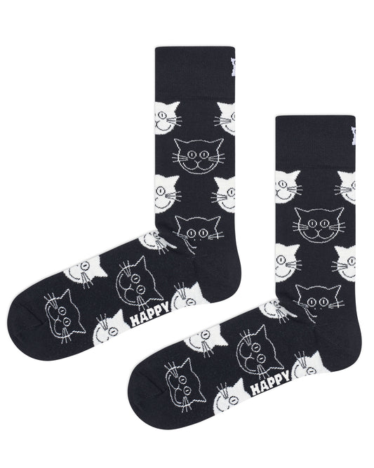 Happy Socks - Black cotton crew length ankle socks with a white cat face pattern, deep cuff, shaped heel and flat toe seam.