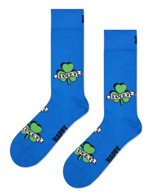 Happy Socks P002593 Three-Leaf Luck  Sock - Royal blue crew length men's cotton ankle socks with a green lucky shamrock tattoo style motif pattern.