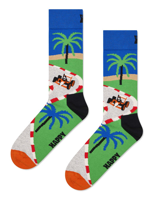 Happy Socks Racing Sock - Multicoloured cotton crew length ankle socks with a Formula 1 Grand Prix themed scene.