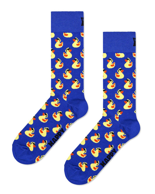 Happy Socks Rubber Duck Socks - Dark blue cotton crew length ankle socks with an all over pattern of yellow rubber ducks wearing shades.