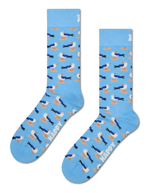 Happy Socks Seagulls Sock - Men's light blue cotton crew length ankle socks with an all over seagull pattern.