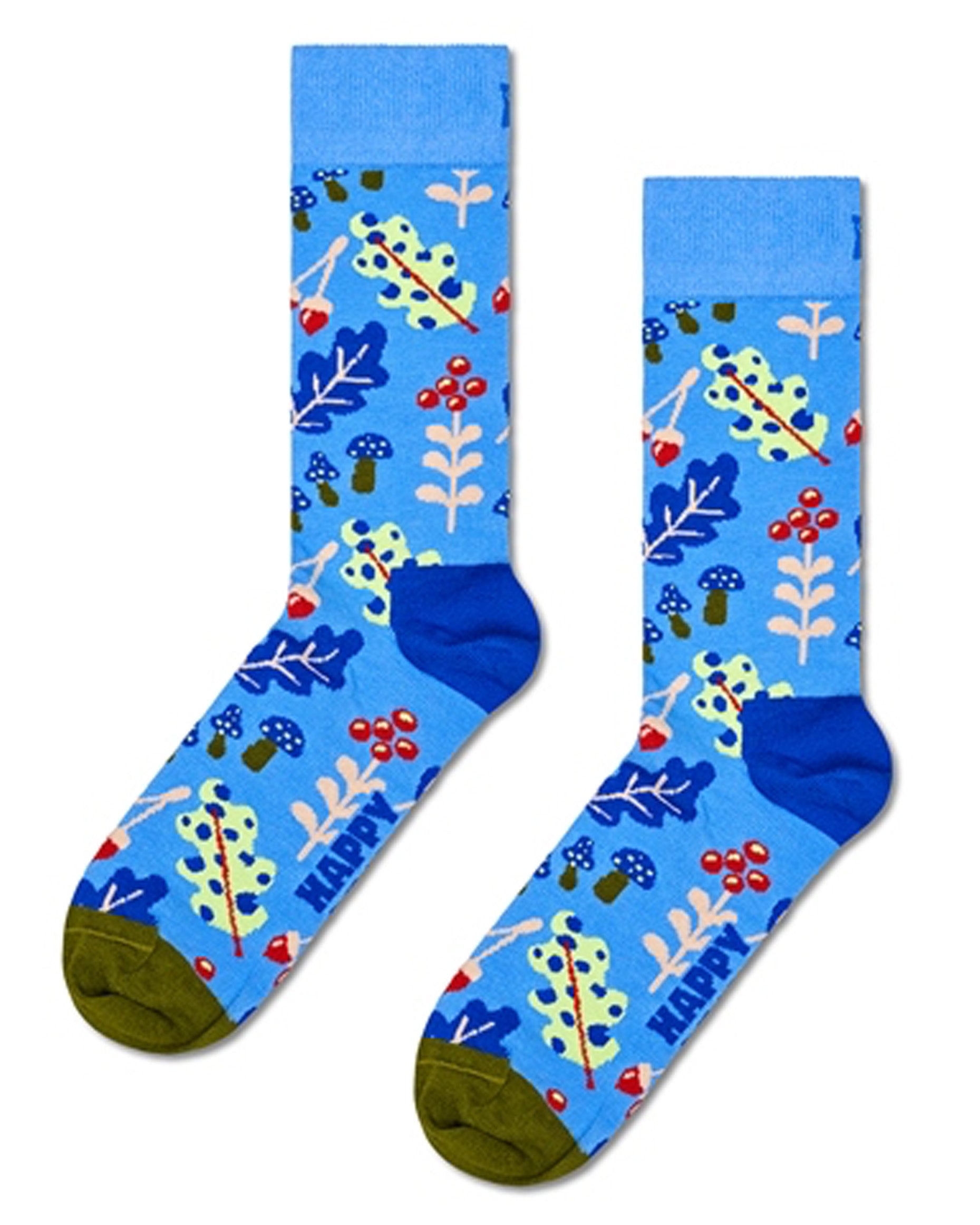 Happy Socks Autumn Leaf Sock - Sky blue cotton crew length ankle socks with leafs, berries and mushroom pattern, deep cuff, blue shaped heel and khaki green flat toe seam.