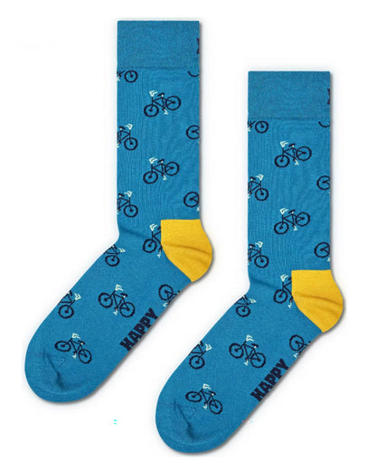 Happy Socks Bike Sock - Teal cotton crew length ankle socks with an all over pattern of bicycles in black and mustard heel.