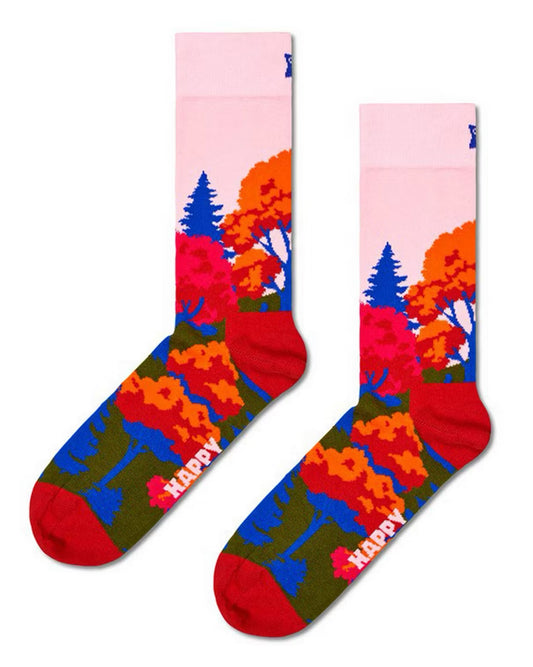 Happy Socks Autumn Socks - Colourful Autumn tree theme with a Japanese style to it in pale pink, Autumnal shades of red, orange and green and strong blue, deep cuff, shaped heel and flat toe seam.