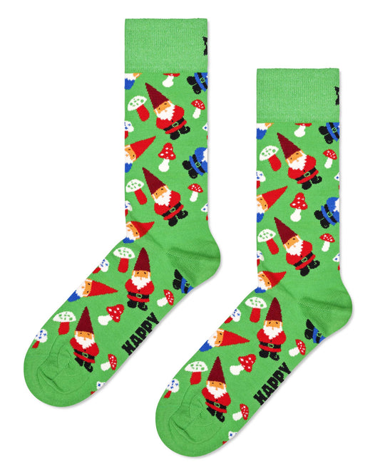 Happy Sock Christmas Gnome Sock - Bright green cotton crew length ankle socks with an all over colourful fun pattern of Santa looking gnomes/elves with toadstool type mushrooms, deep cuff, shaped heel and flat toe seam.