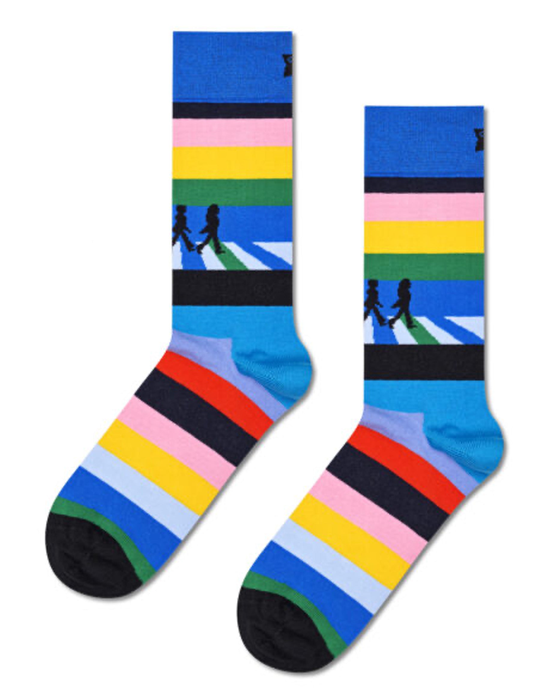 Happy Socks Beatles Crosswalk Abbey Road ock - Multicoloured horizontal striped crew length ankle socks with The Beatles in silhouette walking on a zebra crossing. Inspired by the iconic 1969 Abbey Road album cover. Made from soft and breathable combed organic cotton, deep cuff, shaped heel and toe.