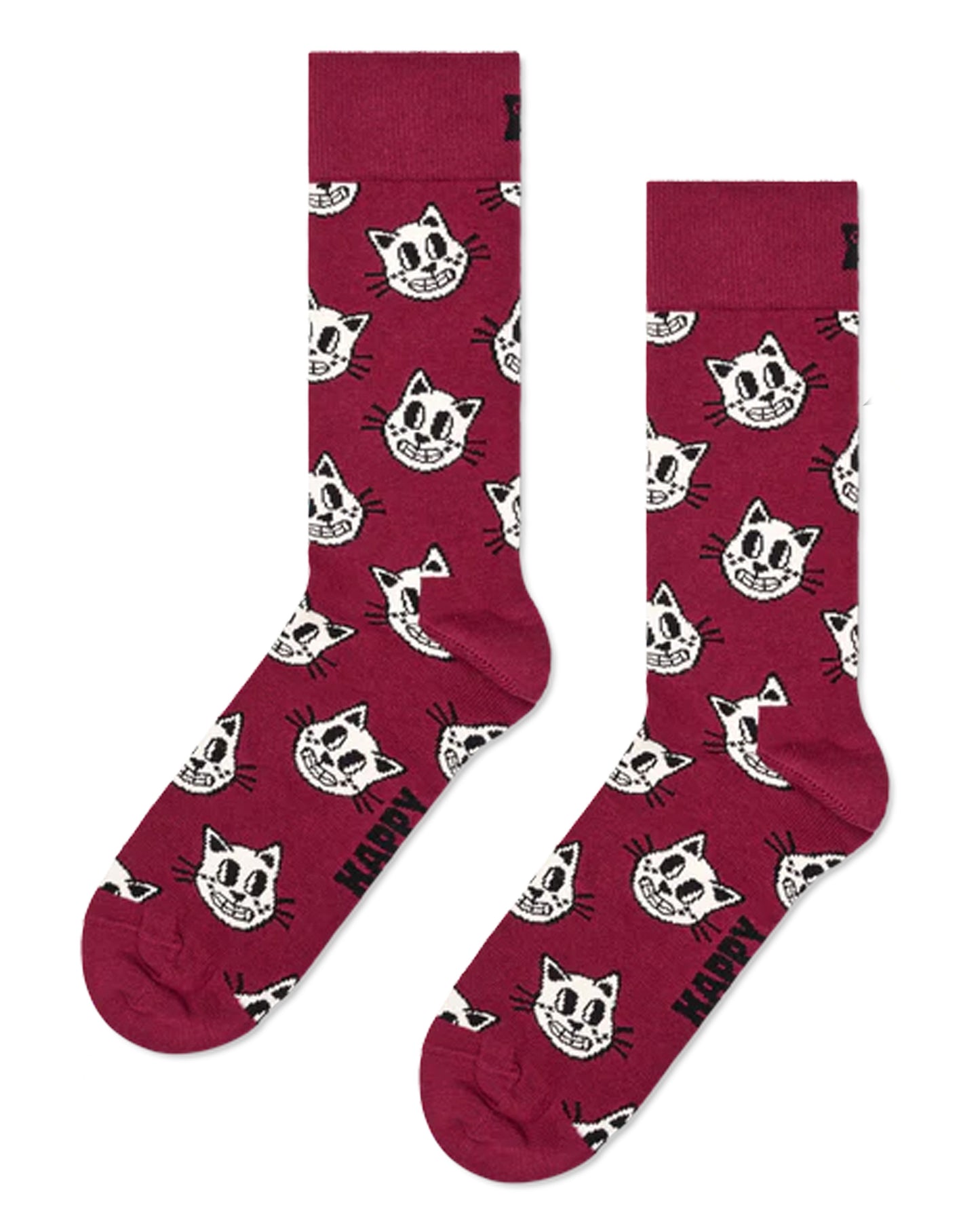 Happy Socks Cat Sock - Wine coloured cotton mix crew length ankle socks with a cartoon cat face pattern in cream and black.