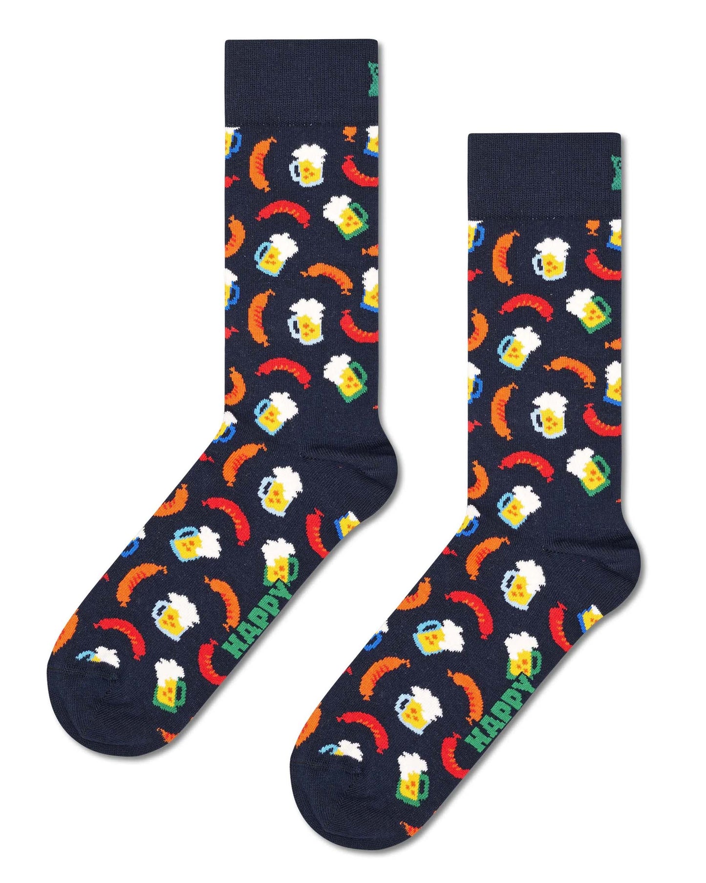 Happy Socks Beer & Sausage Sock - Oktoberfest theme sock. Navy cotton crew length ankle socks with steins of foamy steins of beer and bratwurst sausages pattern, deep cuff, shaped heel and flat toe seam.